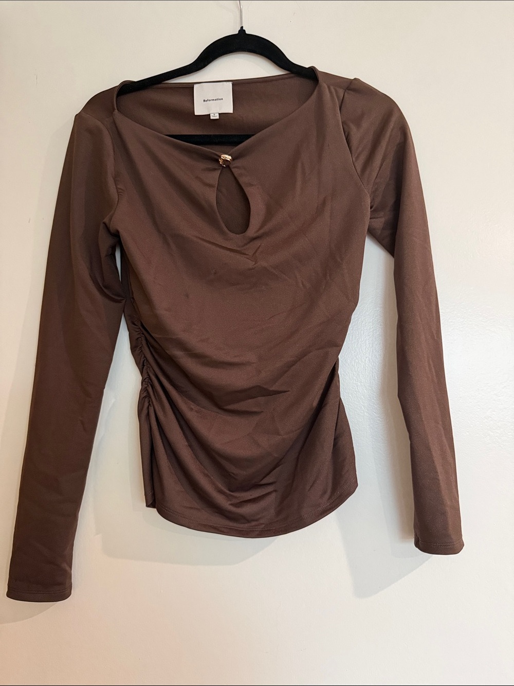 Brown Long-Sleeve Ruched Keyhole Top - Picture 2 of 7